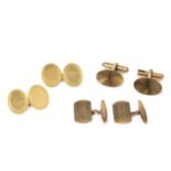 A pair of 18ct gold oval cufflinks, with engine turned borders, and two pairs of 9ct gold cufflinks.