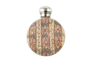 A late Victorian silver topped porcelain scent bottle, of compressed circular form with textured