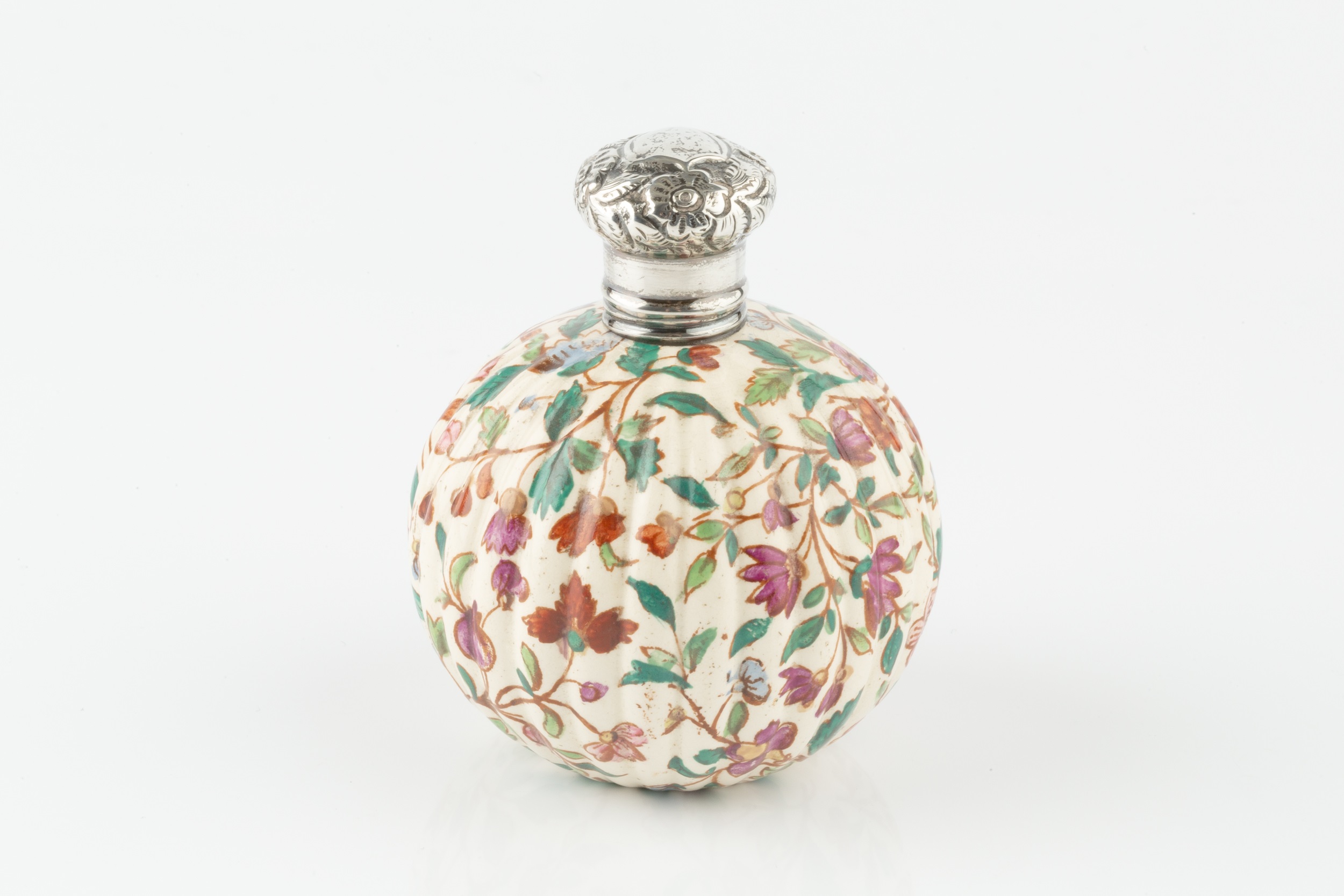 A late Victorian silver topped porcelain scent bottle, of globular lobed form, printed with - Image 2 of 2