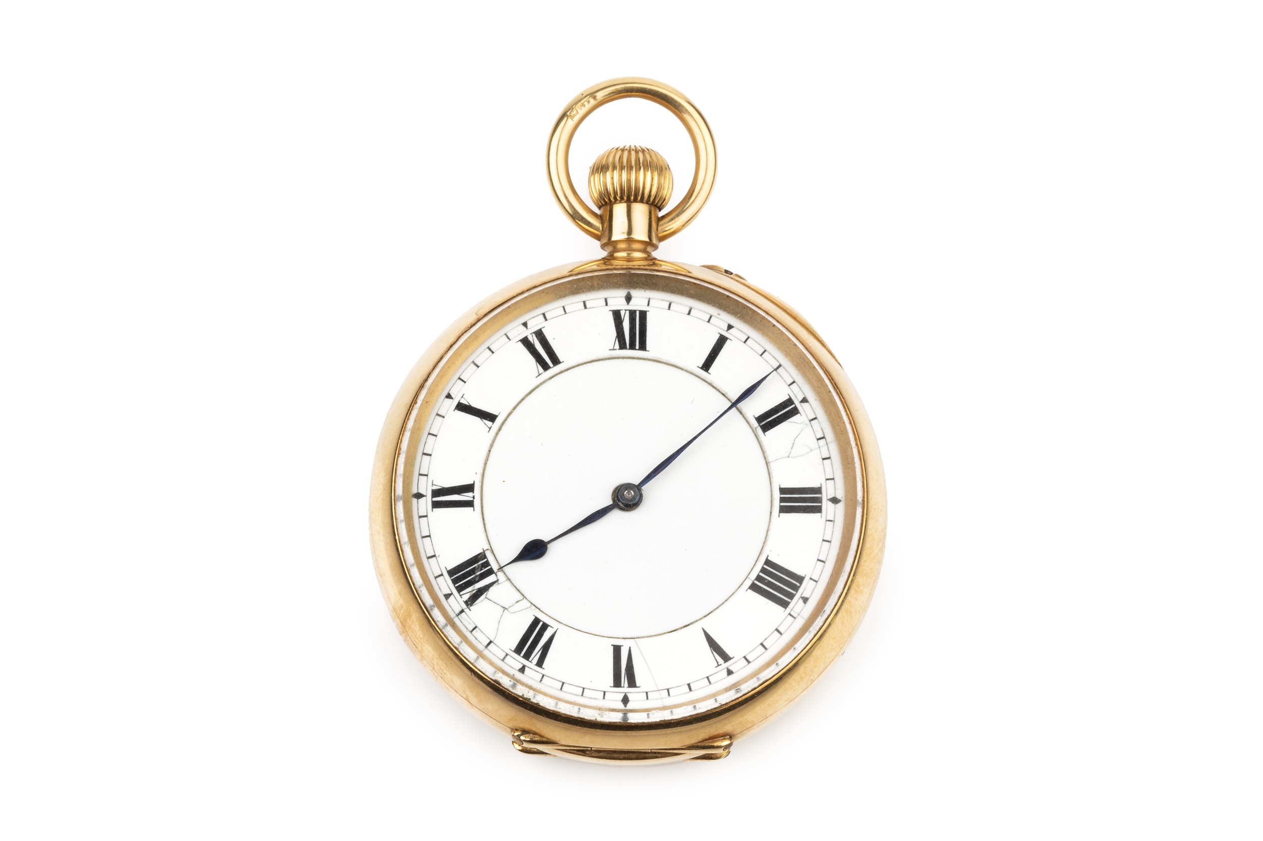 An Edwardian 18ct gold fob watch, with white enamel dial and keyless wind movement, the case