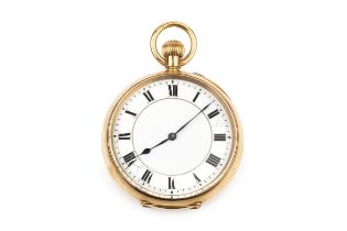 An Edwardian 18ct gold fob watch, with white enamel dial and keyless wind movement, the case