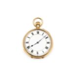 An Edwardian 18ct gold fob watch, with white enamel dial and keyless wind movement, the case