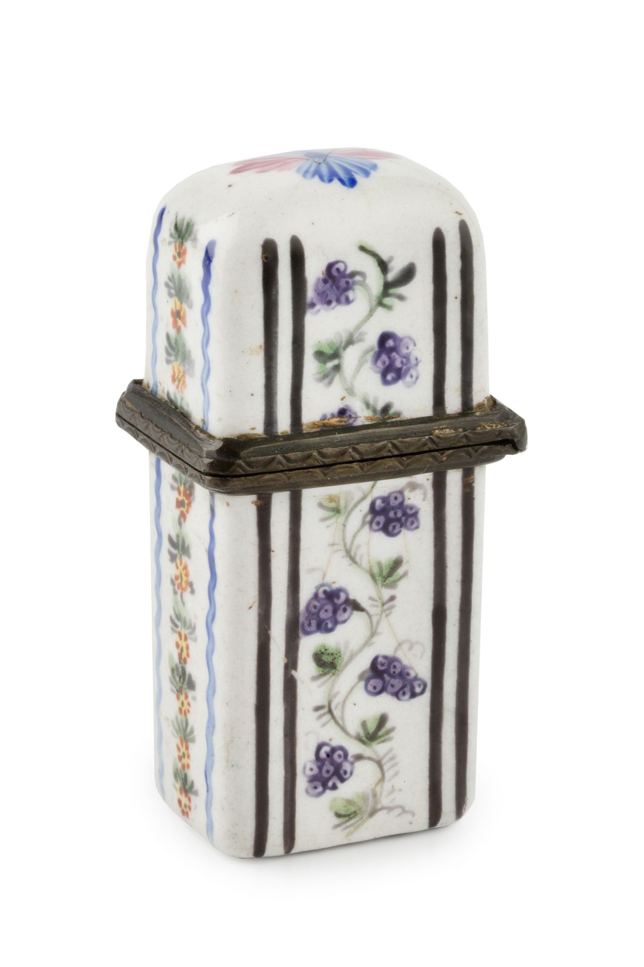 A late 18th/early 19th century enamel scent bottle etui, of slightly domed rectangular form, painted