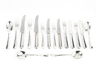 A service of silver Hanoverian pattern flatware, comprising 8 table forks, 8 dessert forks, 8