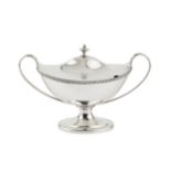 A George III Scottish silver sauce tureen and cover, of twin handled oval classical urn form, with