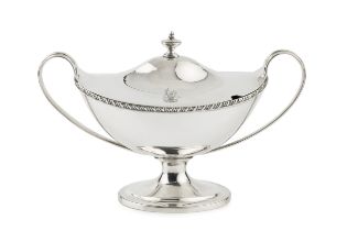 A George III Scottish silver sauce tureen and cover, of twin handled oval classical urn form, with