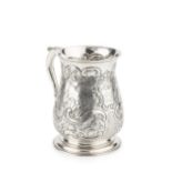 A George II silver pint mug, of baluster form, later embossed and engraved with flowering foliage