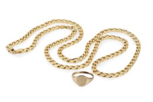 A 9k gold neck chain, of angular flattened curb link design, 75cm long, and a 9ct gold signet