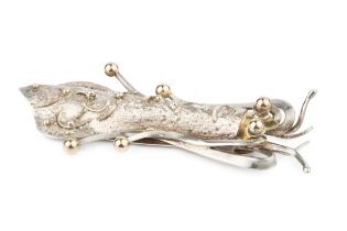A silver and gold heightened pendant by Graham Watling, in the form of a stylised locust, with
