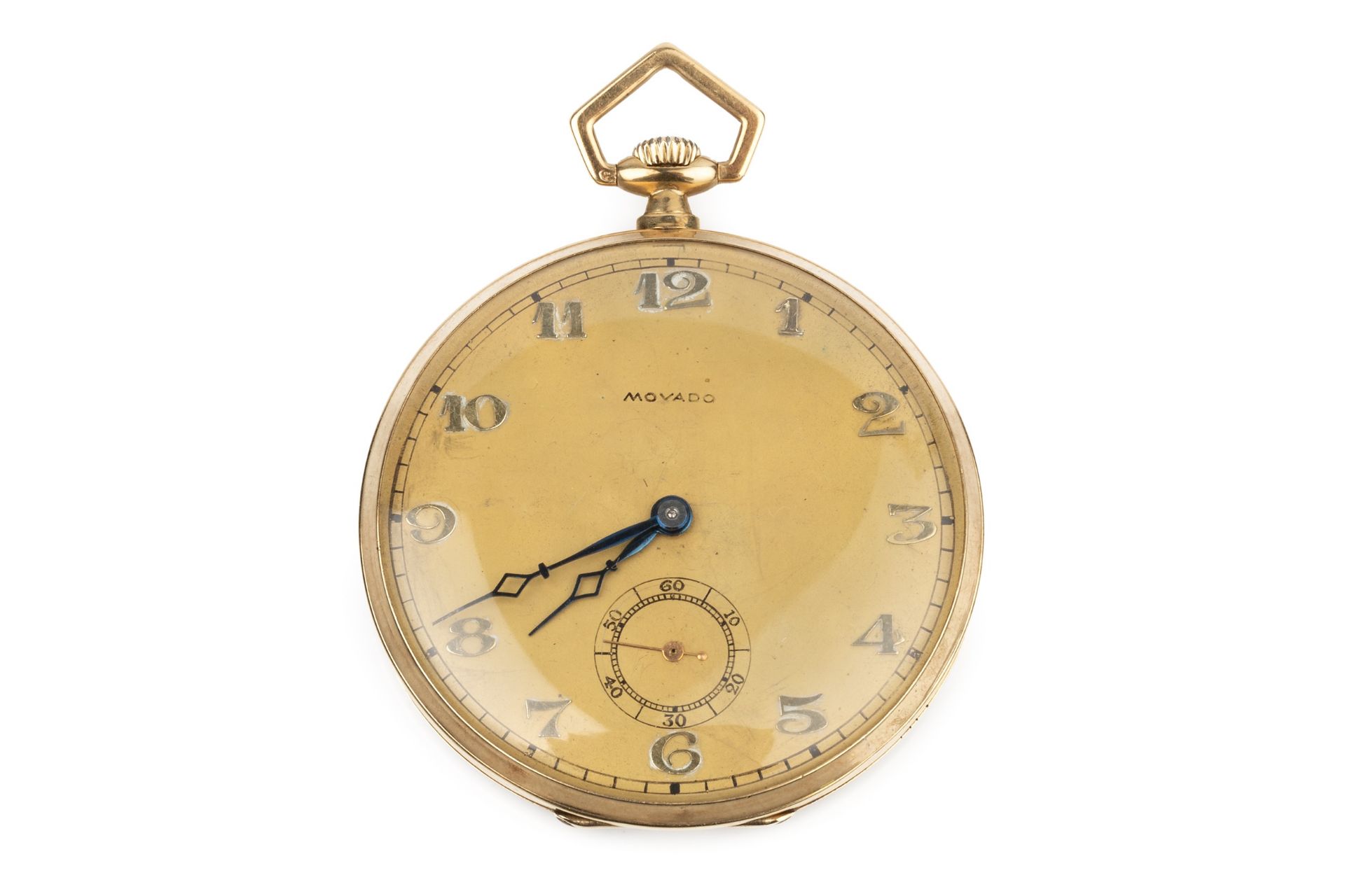 An early 20th century open face pocket watch by Movado, the matt yellow metal dial with Arabic