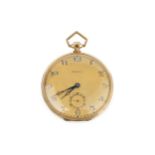 An early 20th century open face pocket watch by Movado, the matt yellow metal dial with Arabic