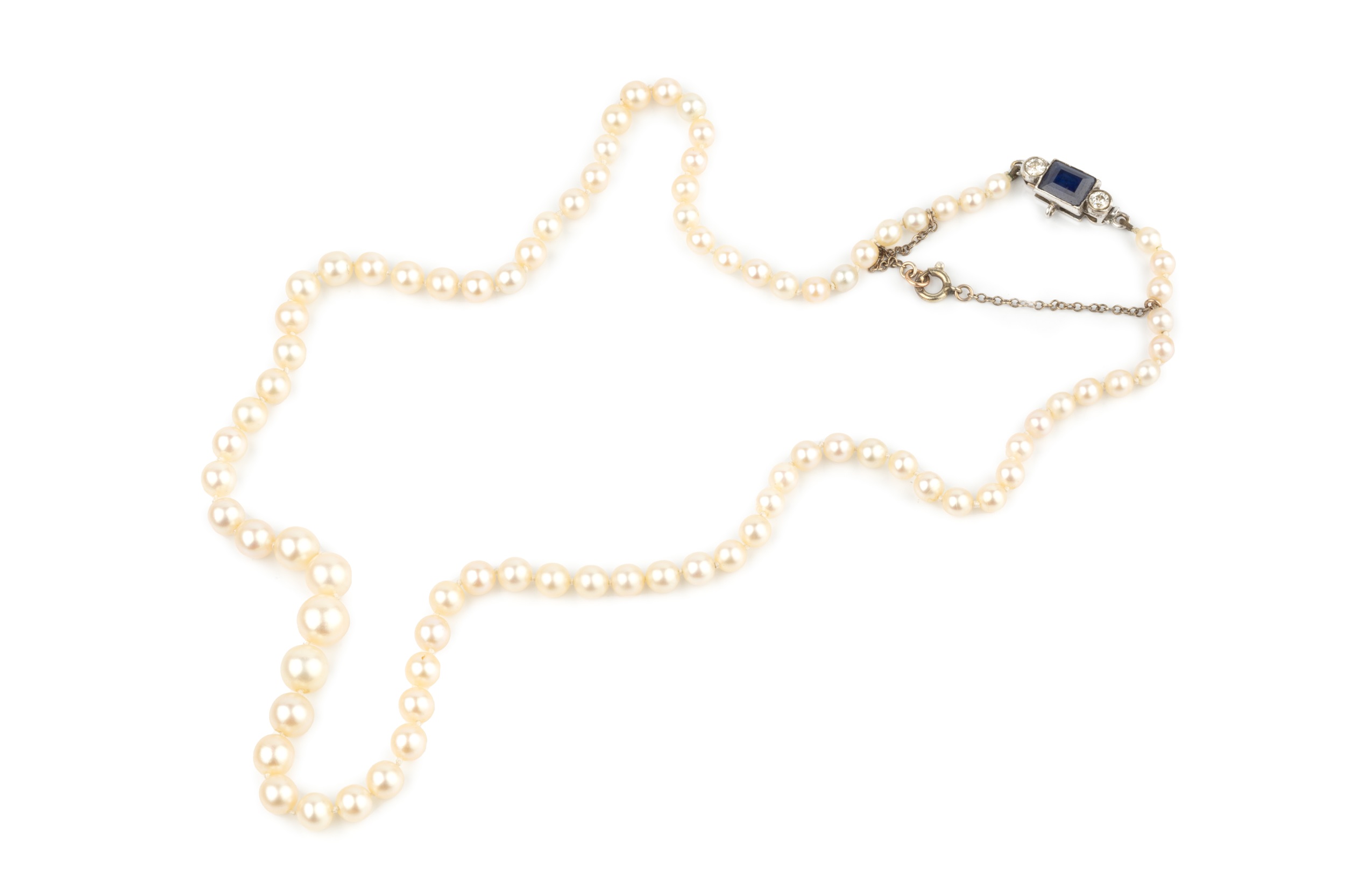 A single strand cultured pearl necklace, having sapphire and diamond set clasp centred with a