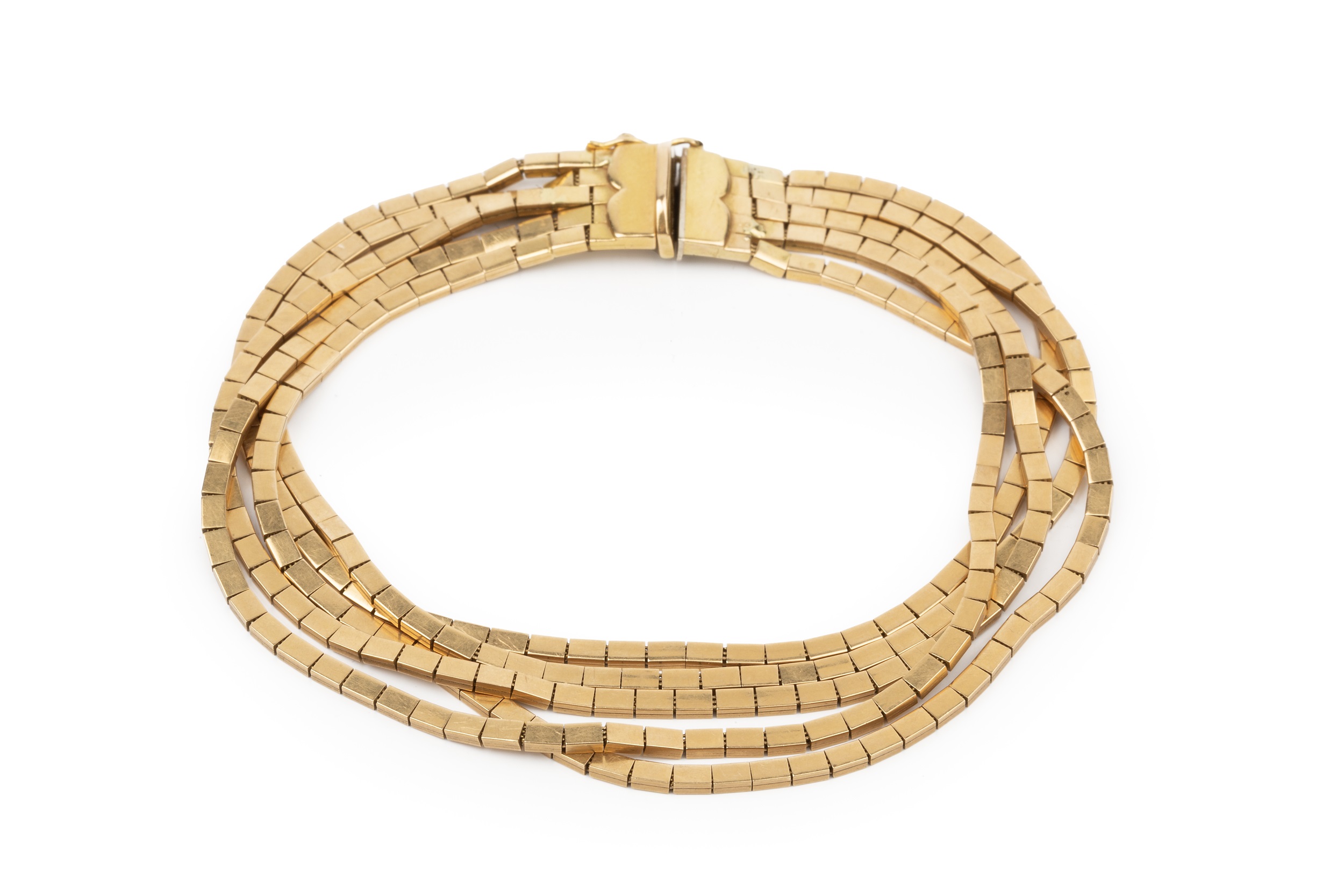 An 18ct gold five strand bracelet, composed of flexible flattened rectangular links, the clasp