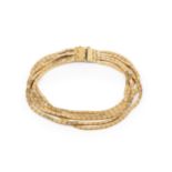 An 18ct gold five strand bracelet, composed of flexible flattened rectangular links, the clasp
