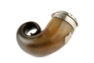 A 19th century Scottish silver mounted horn snuff mull, with hinged cover and plain cartouche,