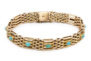 A 15ct gold and turquoise bracelet, of gatelink design, set with ten oval turquoise cabochons, the