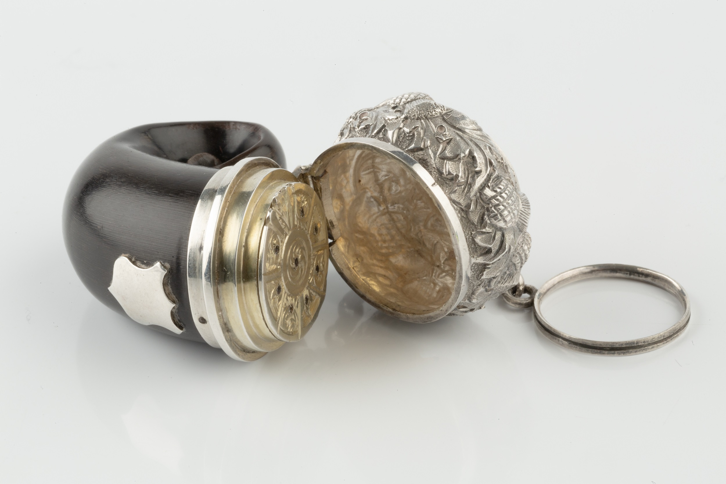 A 19th century Scottish silver mounted horn 'snuff mull' form vinaigrette, the hinged cover embossed - Image 2 of 2