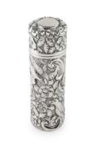 A late Victorian silver scent bottle of cylindrical form, embossed and engraved with exotic birds