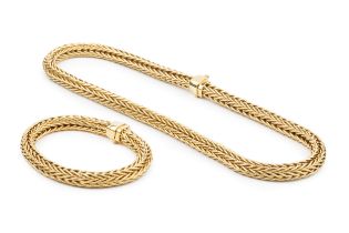 An 18ct gold ropetwist necklace, and matching bracelet, with flexible herringbone links and