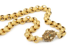 A 19th century fancy-link long belcher link chain, the links with raised textured decoration, the