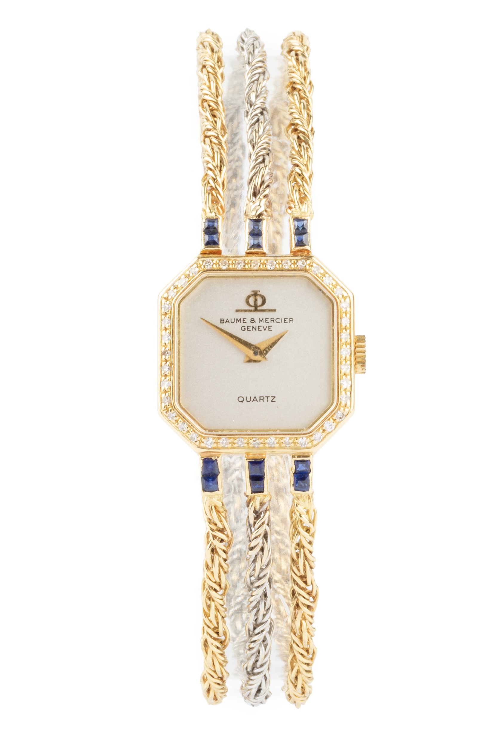 An 18ct gold and diamond lady's wristwatch by Baume & Mercier, having chamfered square silvered dial