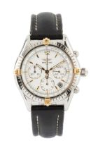 A gentleman's steel automatic chronograph by Breitling, the engine turned white dial with three