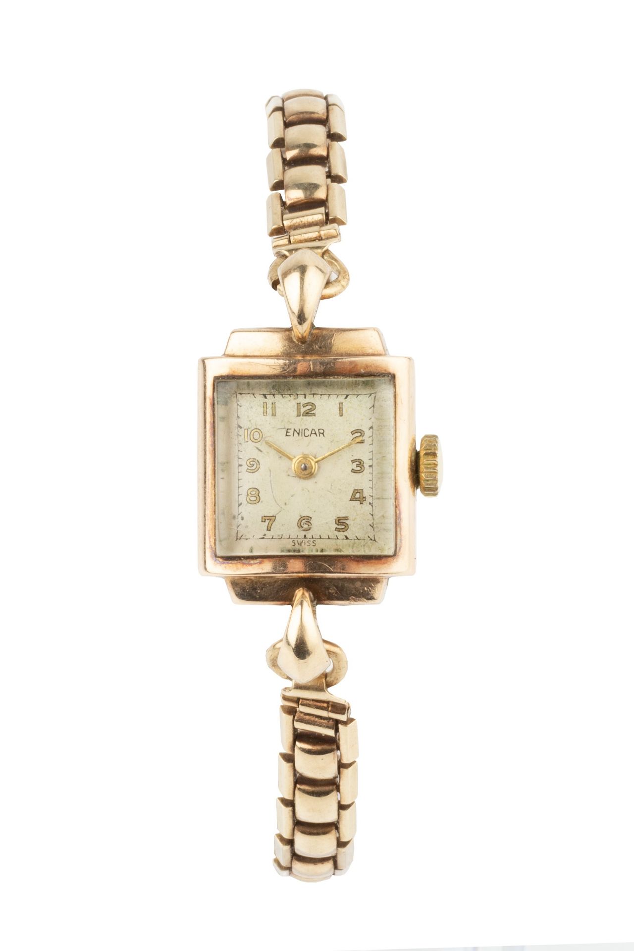 A 9ct gold lady's Enicar wristwatch, with square silvered dial and stepped bezel, with 9ct gold