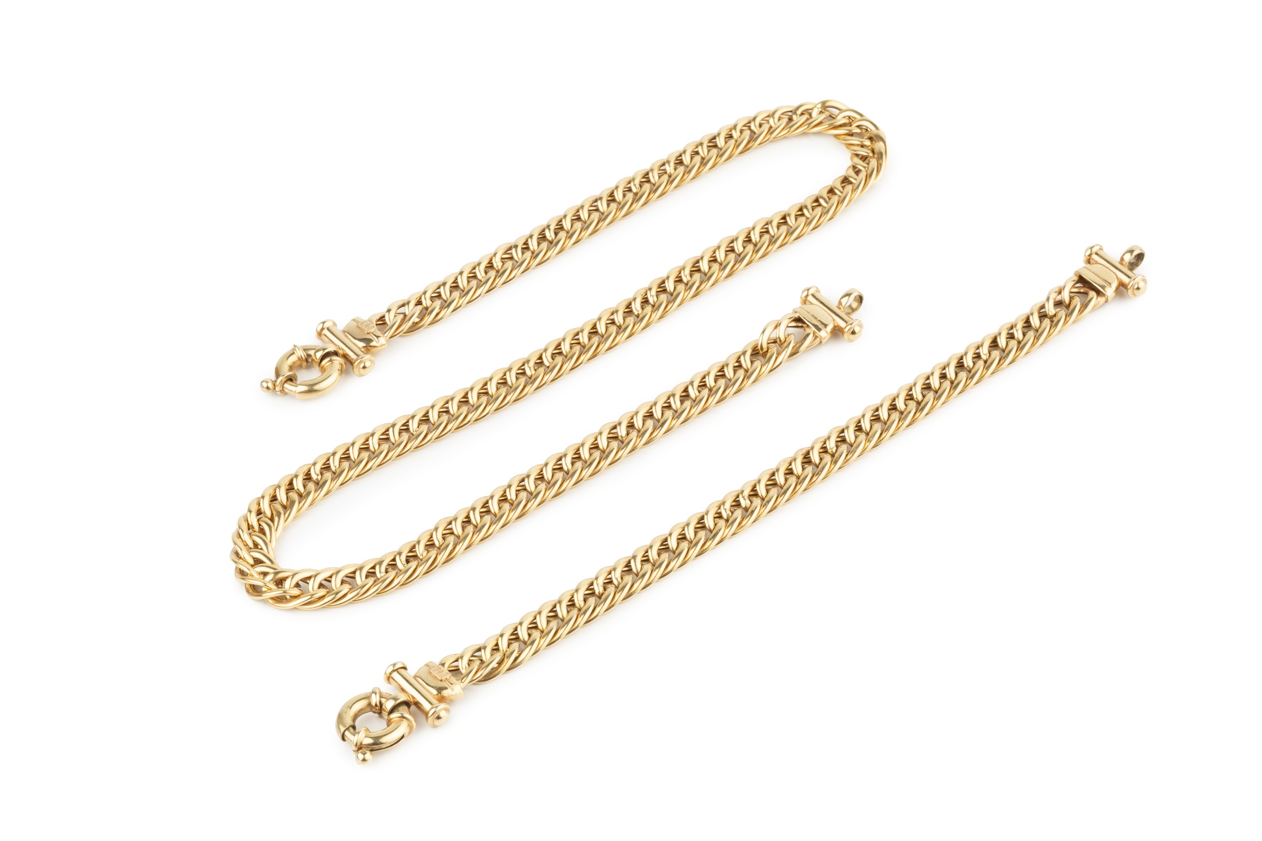 A 9ct gold hollow curb link necklace and bracelet, with T bar and ring clasps, designed to be worn