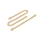 A 9ct gold hollow curb link necklace and bracelet, with T bar and ring clasps, designed to be worn