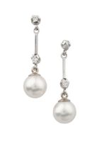 A pair of 18ct white gold, diamond and cultured pearl earrings, each having a small brilliant cut