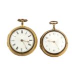 A gilt metal pair cased pocket watch, with white enamel Roman dial, turned pillar verge movement