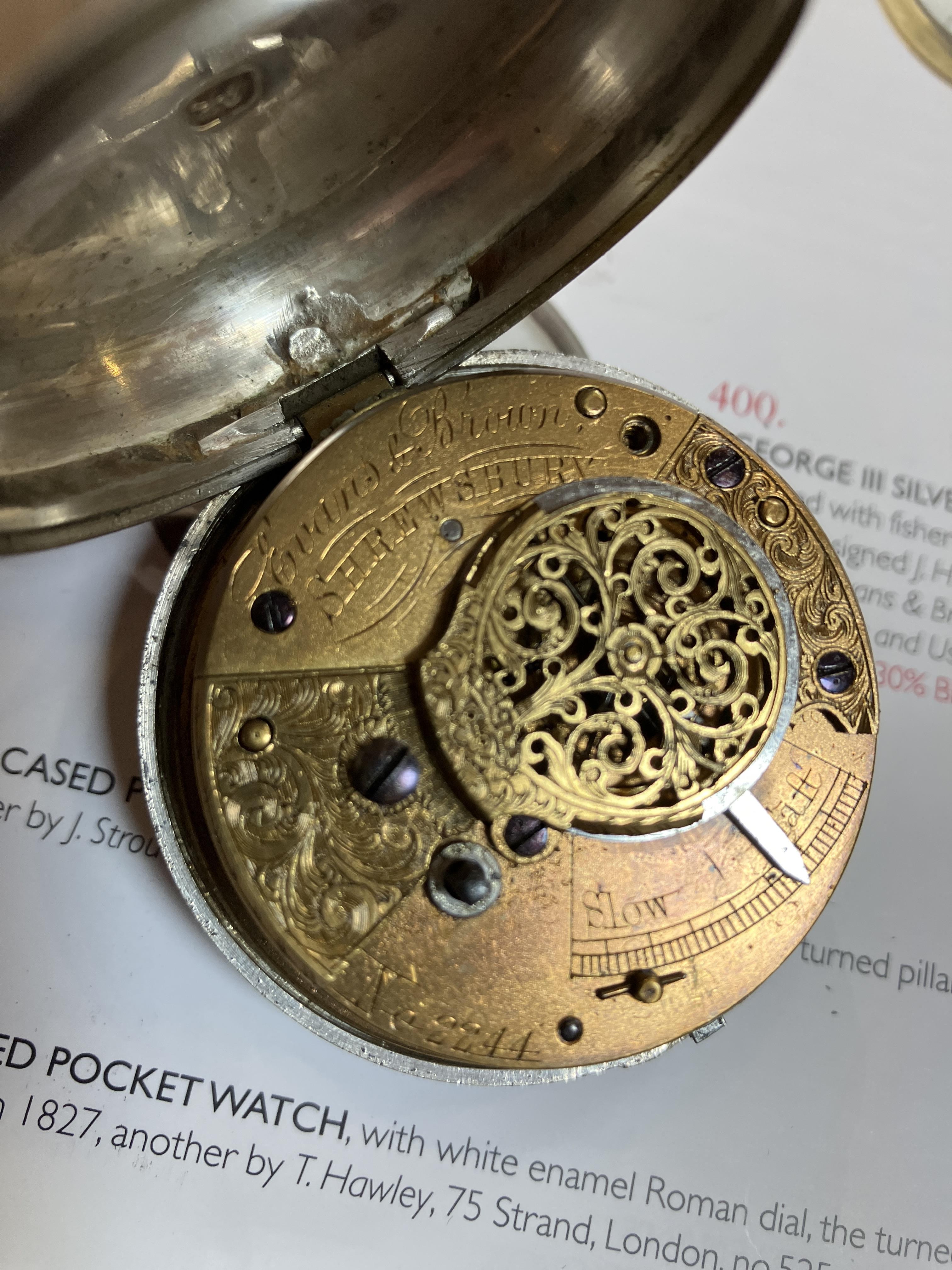 A George III silver pair cased pocket watch, the dial decorated with fishermen, a cottage and a - Image 6 of 7
