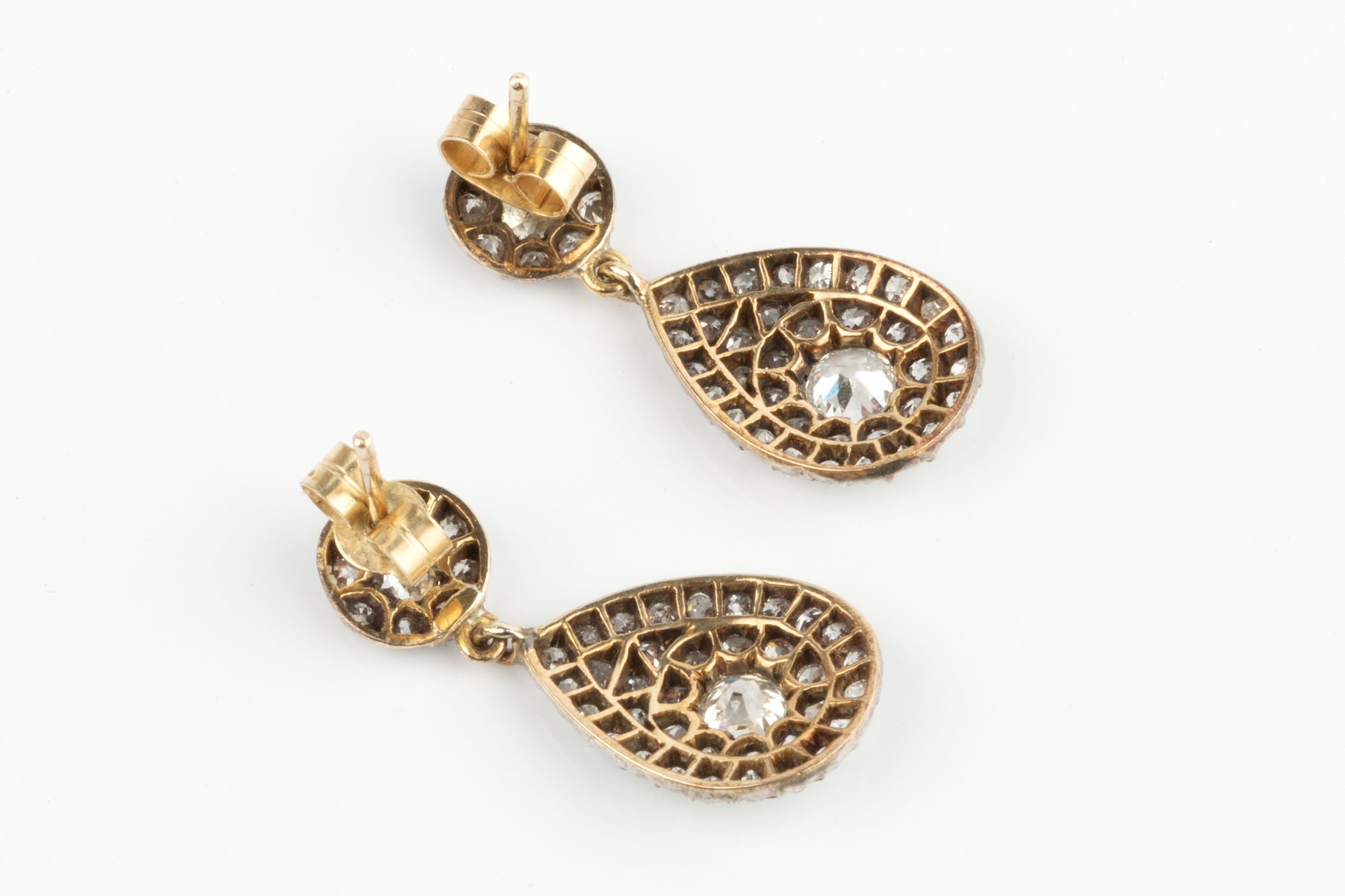 A pair of diamond ear pendants, each designed as a circular cluster of old and single-cut - Image 3 of 7