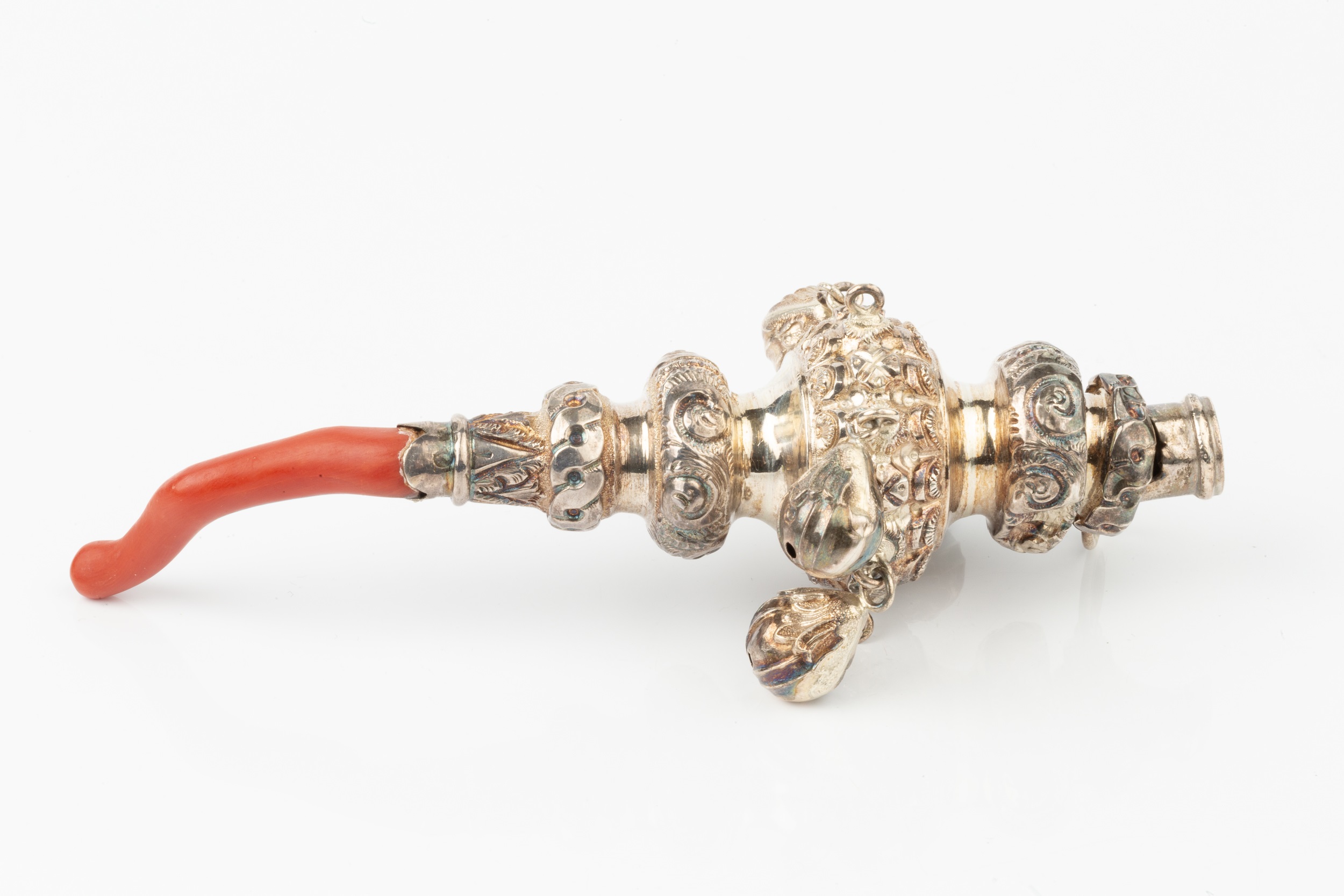 A Victorian silver baby's rattle and whistle, embossed with scrolling foliage and hung with four (of - Image 2 of 2
