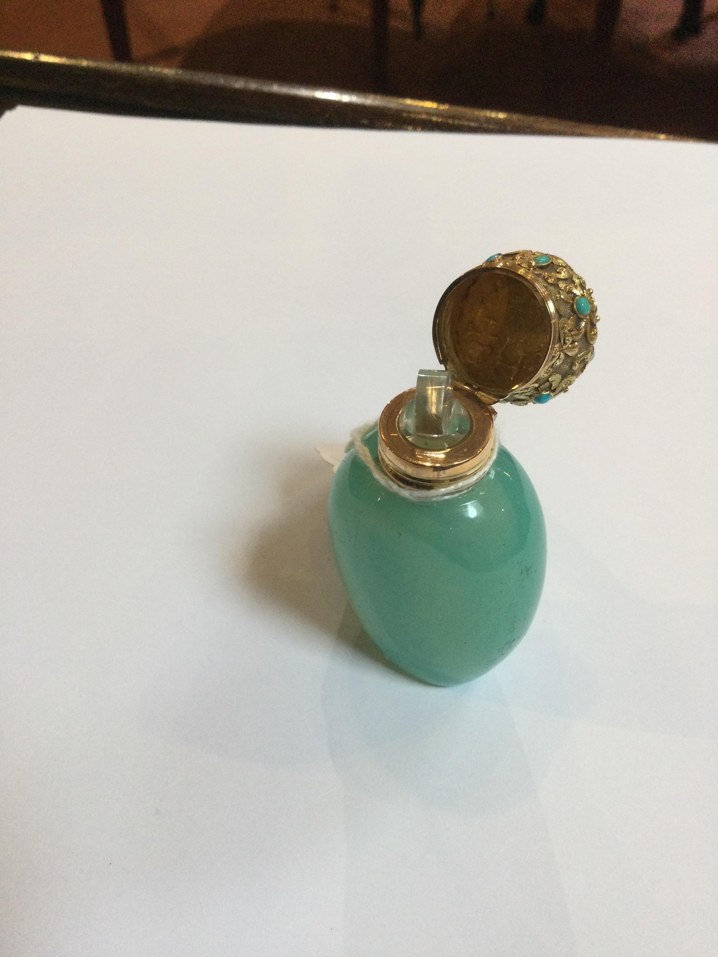 A 19th century French gold mounted opaline glass scent bottle, the turquoise glass body of ovoid - Image 4 of 11