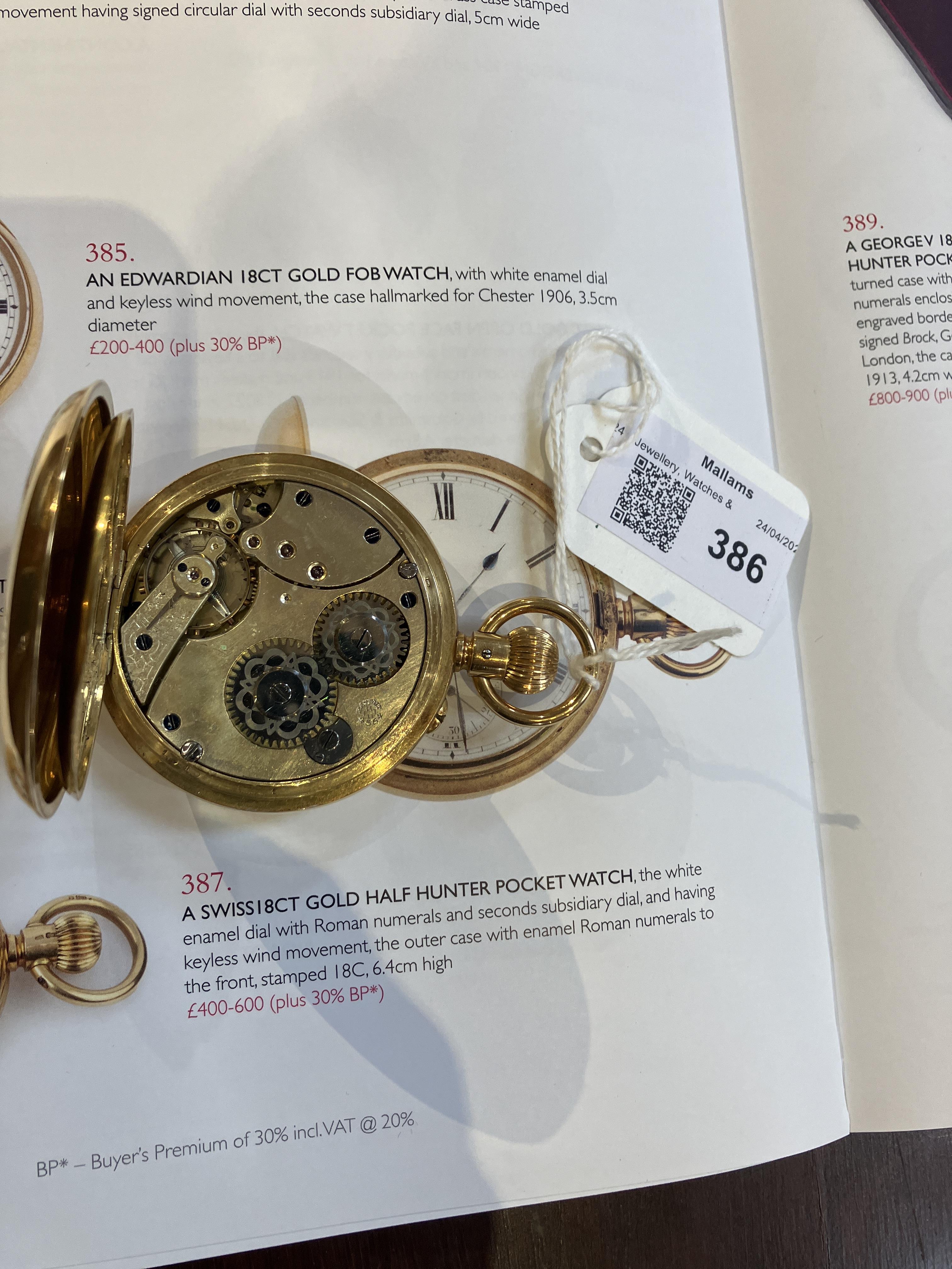 A Swiss 18ct gold hunter pocket watch, having white enamel dial with seconds subsidiary dial, and - Image 3 of 4