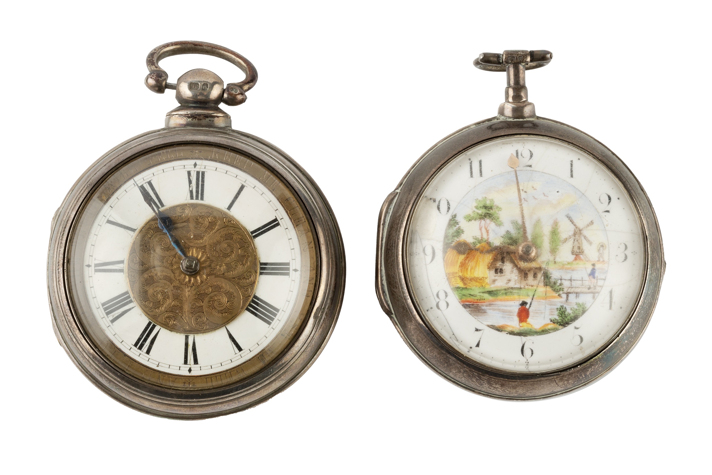 A George III silver pair cased pocket watch, the dial decorated with fishermen, a cottage and a