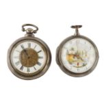 A George III silver pair cased pocket watch, the dial decorated with fishermen, a cottage and a