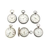 Four silver open face pocket watches, each with white enamel Roman dial with subsidiary seconds