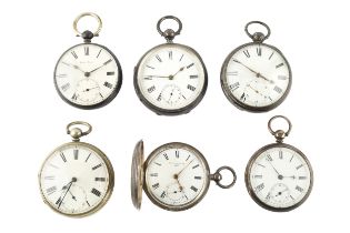 Four silver open face pocket watches, each with white enamel Roman dial with subsidiary seconds