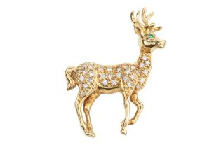An 18ct yellow gold and diamond stag brooch, the body set with brilliant cut stones and having