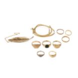 Two 22ct gold wedding bands, an 18ct gold 'Mizpah' ring, five various 9ct gold rings, one with inset