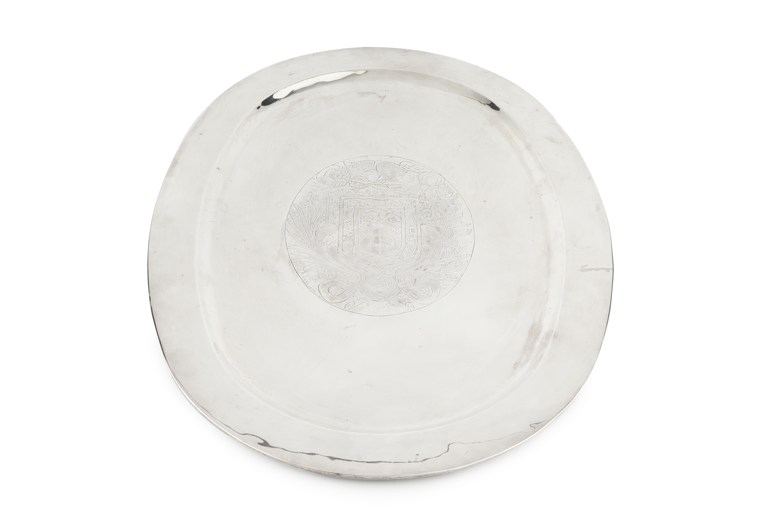 A Mexican silver oval platter, with engraved oval armorial to the centre, stamped 'MEXICO AVA