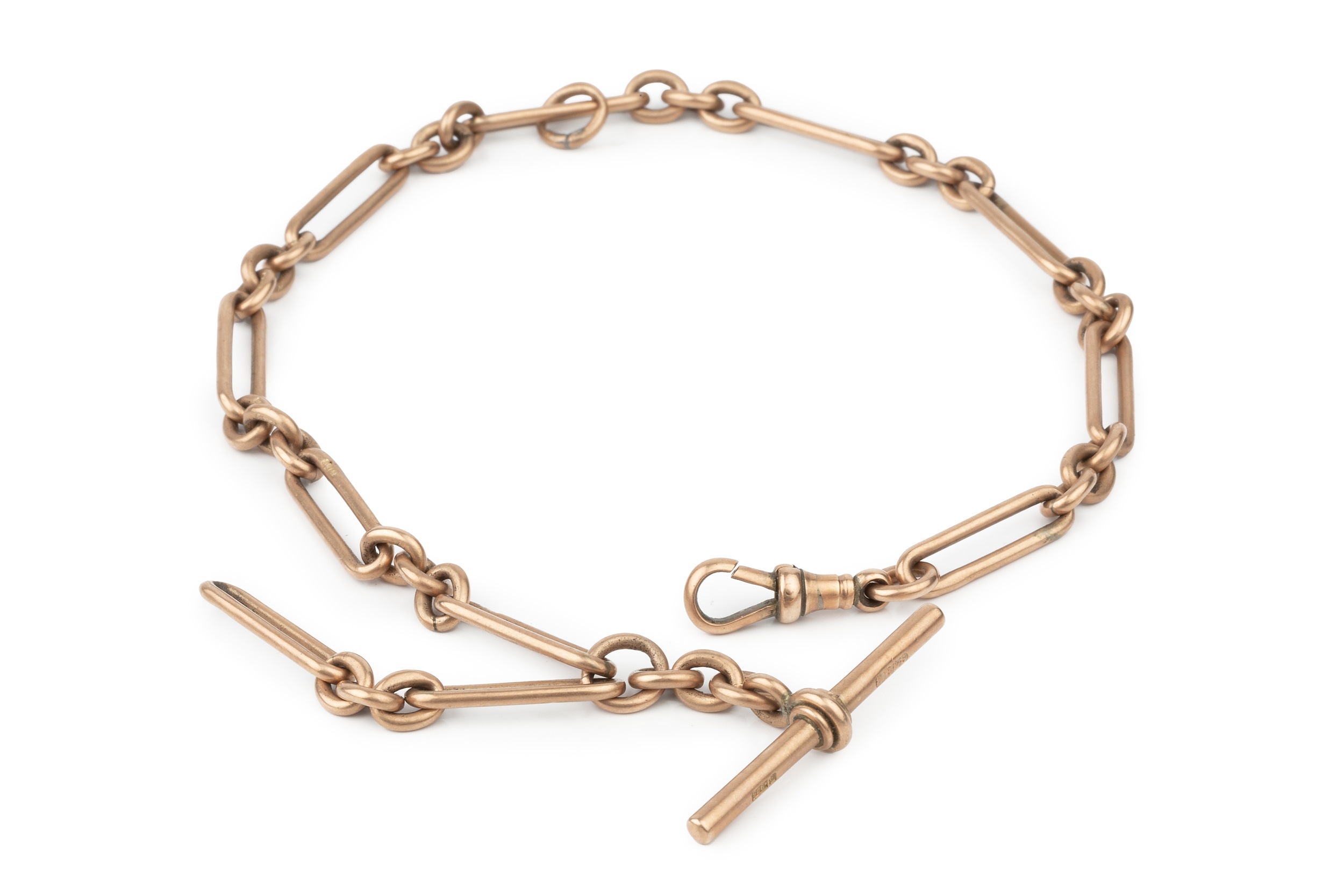 A 9ct gold albert chain, with elongated open links and T-bar, 34cm long approx weight 30.3g. The