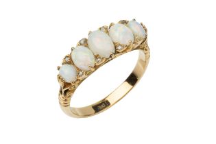 An opal and diamond five stone ring, the graduated cabochon opals with four pairs of rose cut
