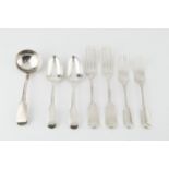 A matched part service of 19th century silver fiddle pattern flatware, comprising a set of six table
