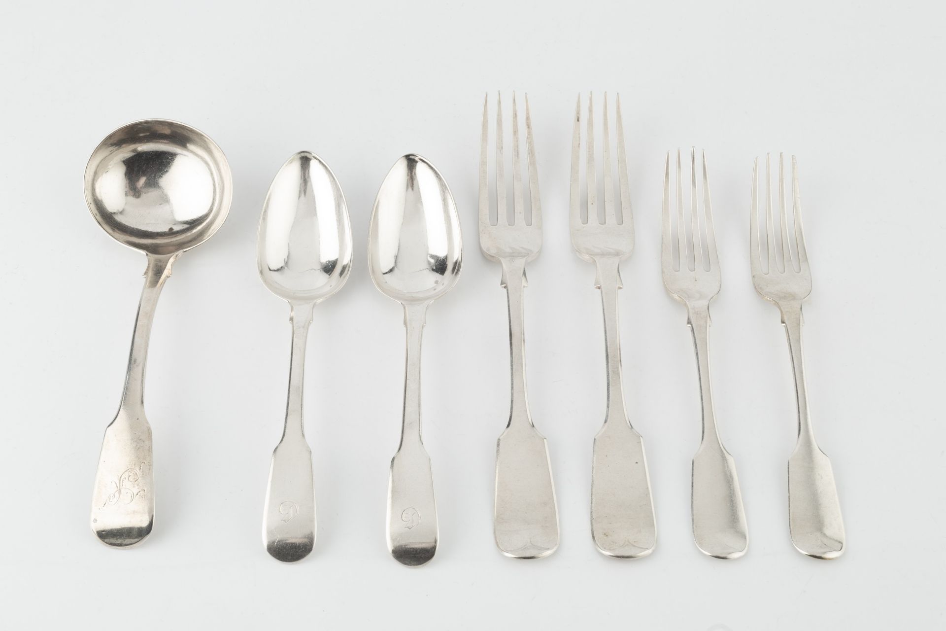 A matched part service of 19th century silver fiddle pattern flatware, comprising a set of six table