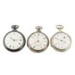 A George IV silver pair cased pocket watch, with white enamel Roman dial, the turned pillar verge