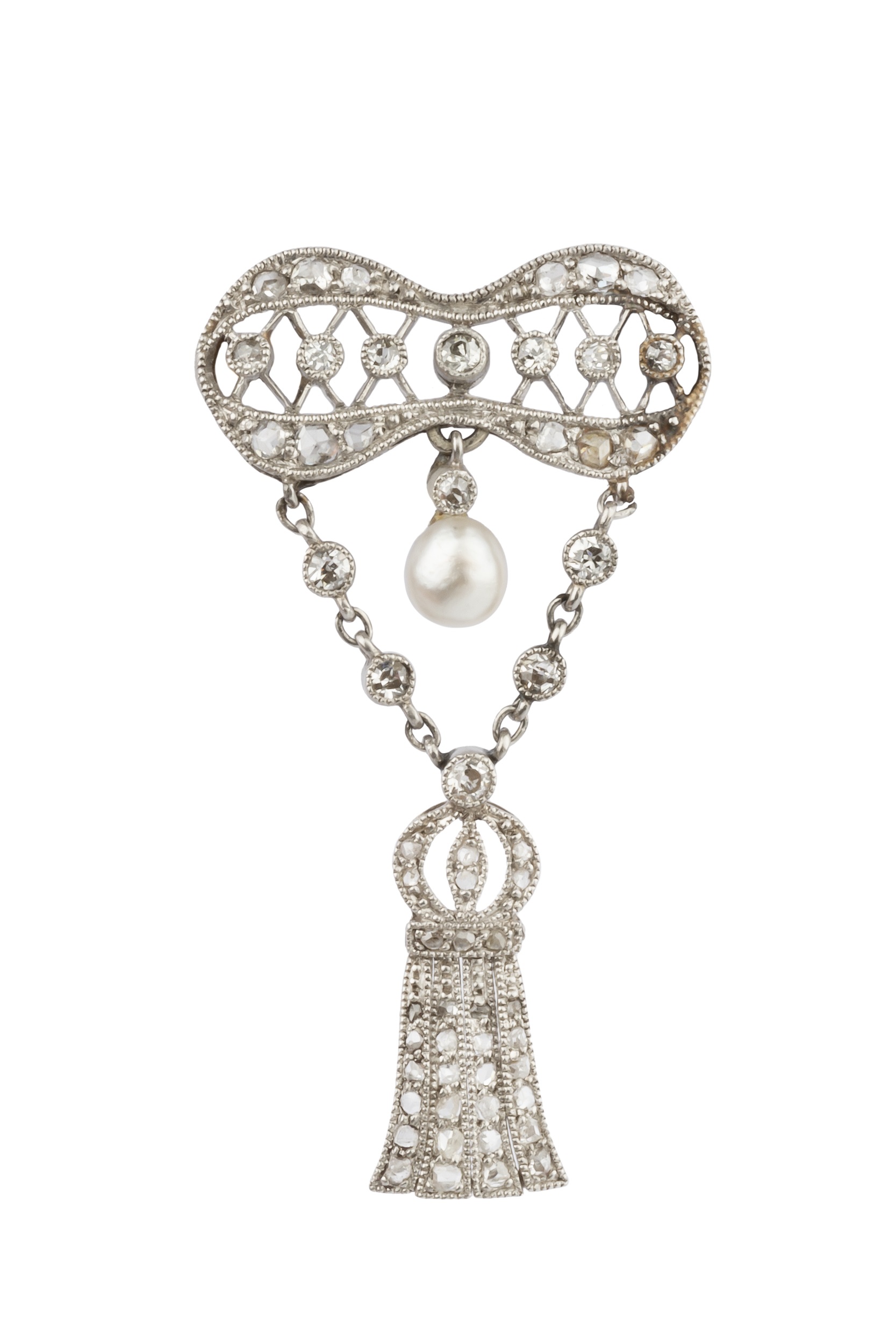A diamond and pearl brooch, the shaped openwork panel suspending a single baroque pearl and tassel