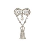 A diamond and pearl brooch, the shaped openwork panel suspending a single baroque pearl and tassel